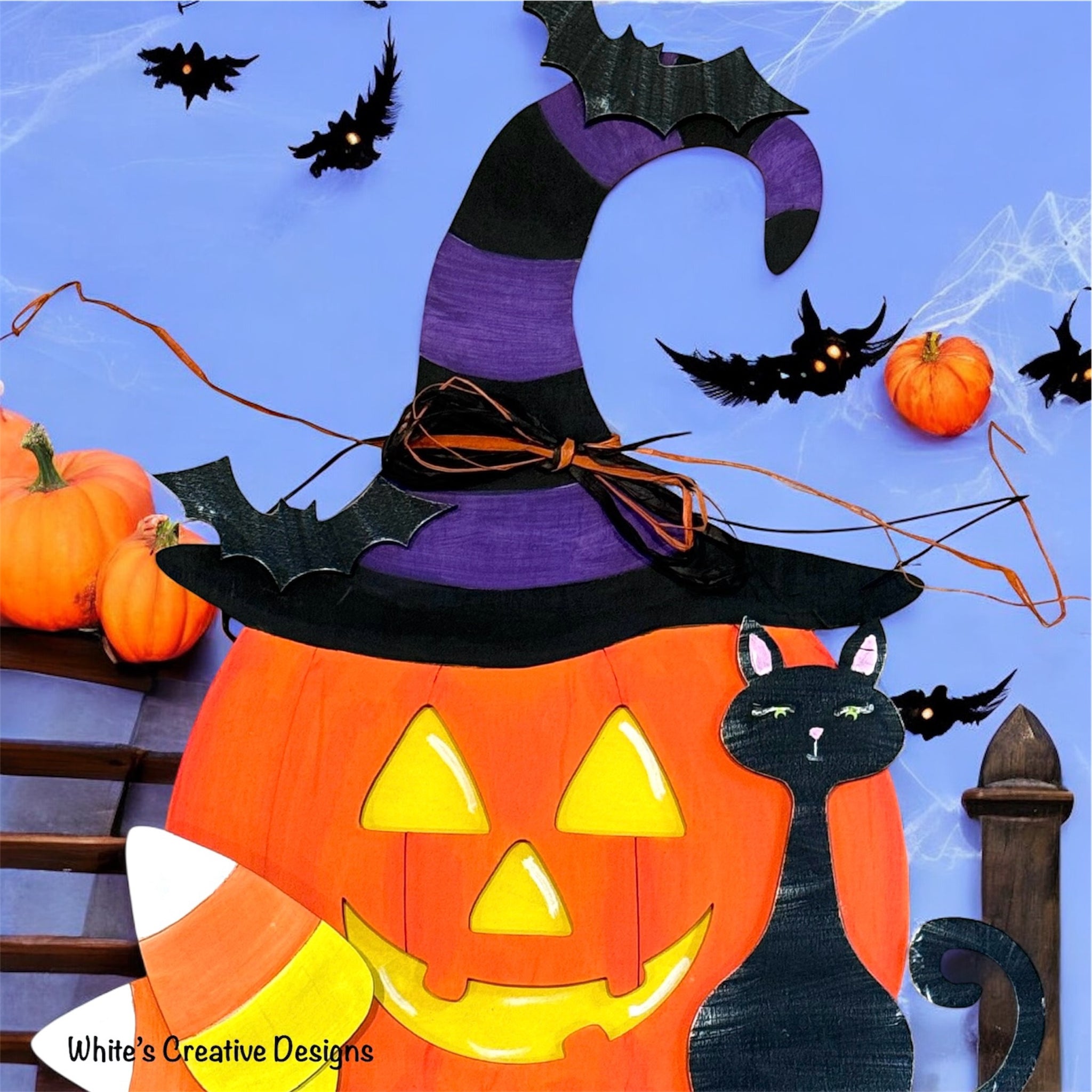 Jack-o-lantern with Witches Hat and Cat DIY Shelf Sitter