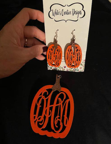 Pumpkin Monogram Earrings & Pumpkin Monogram Necklace Pendant (E002)