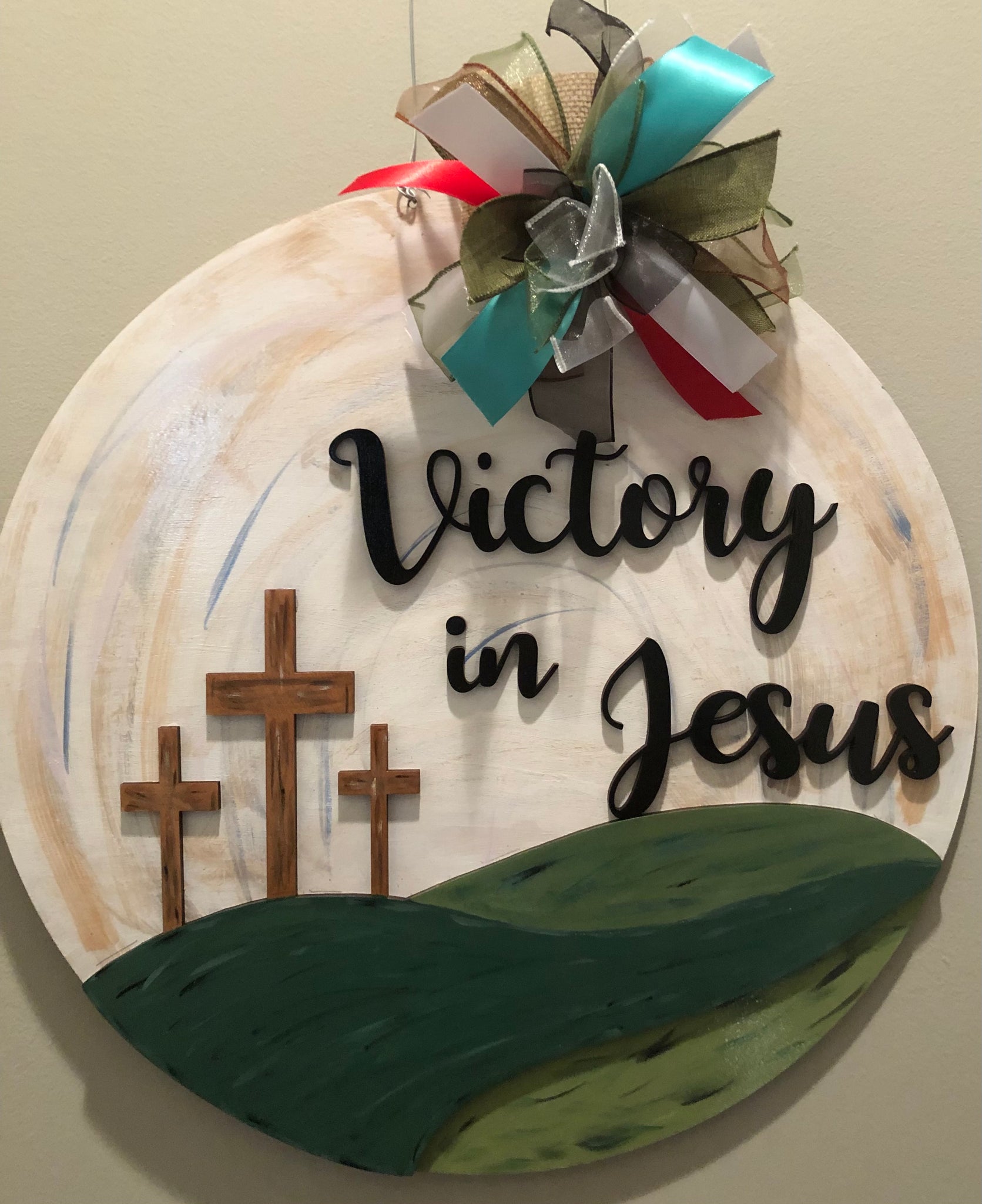 Three Crosses- Victory in Jesus Door Hanger