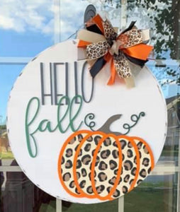 Hello Fall Cheetah Pumpkin Door Hanger (F018)